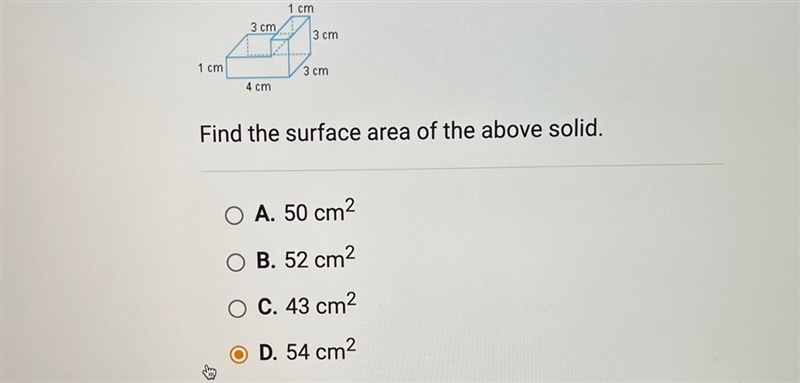 1 cm 3 cm 3 cm 1 cm 3 cm 4 cm Find the surface area of the above solid.-example-1