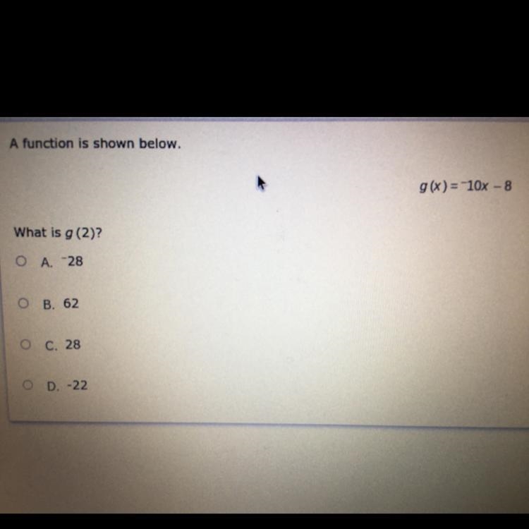 A function shown below g(x) = -10x-8. help ASAP NO LINKS THEY DO NOT HELP!-example-1