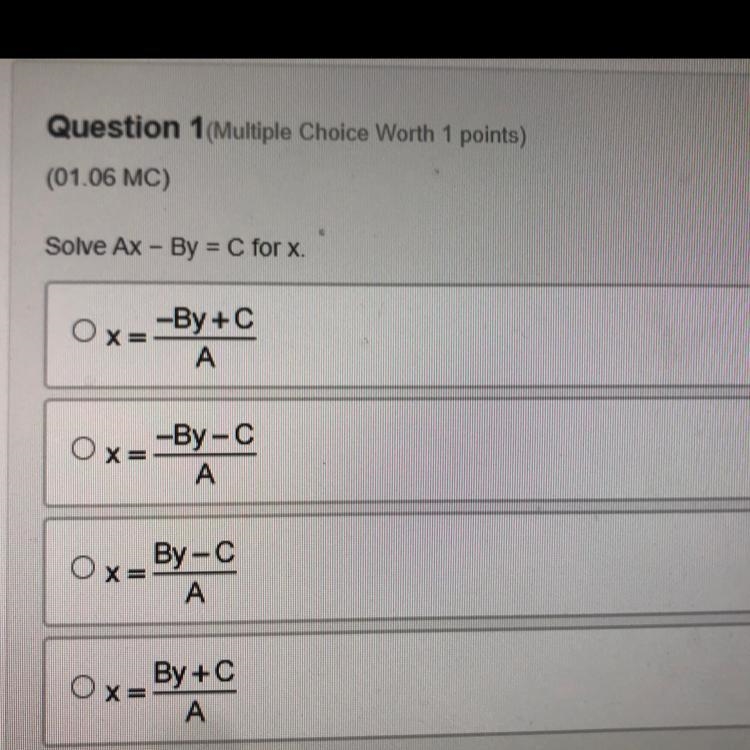 Solve: Ax - By = C for X ( 9th grade Algebra 1)-example-1