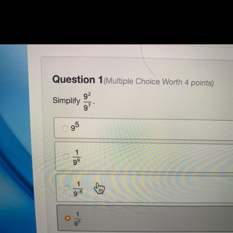 Simplify 9^2/9^7 HELP PLEASE-example-1