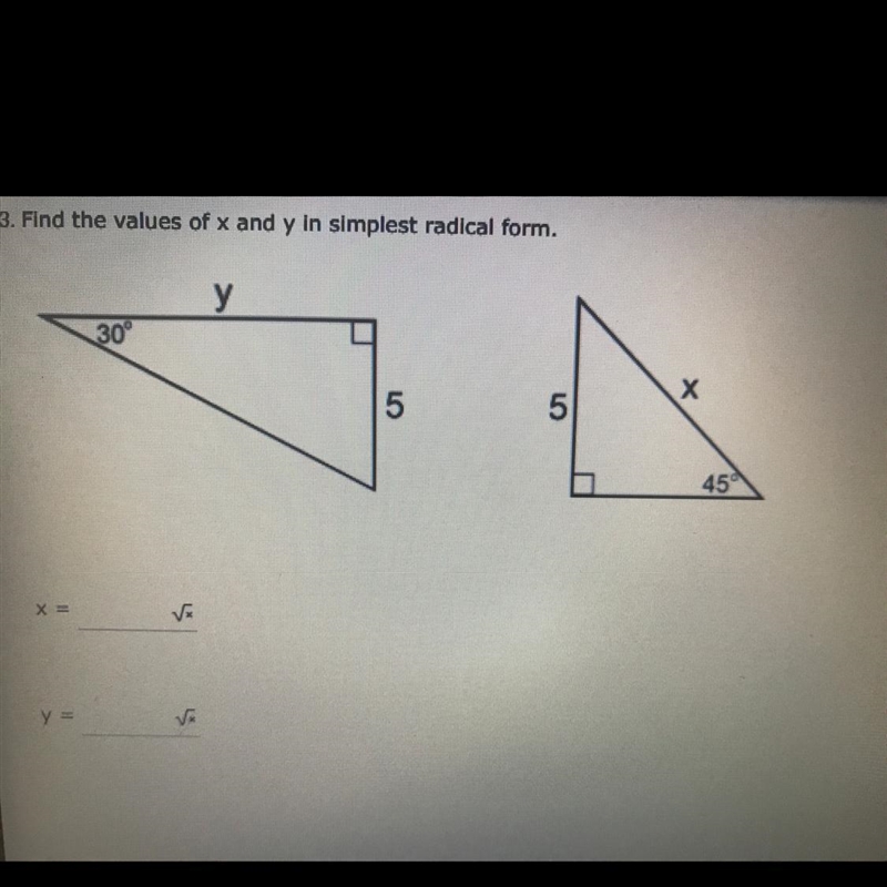 Find the values of x and y in simplest radical form-example-1