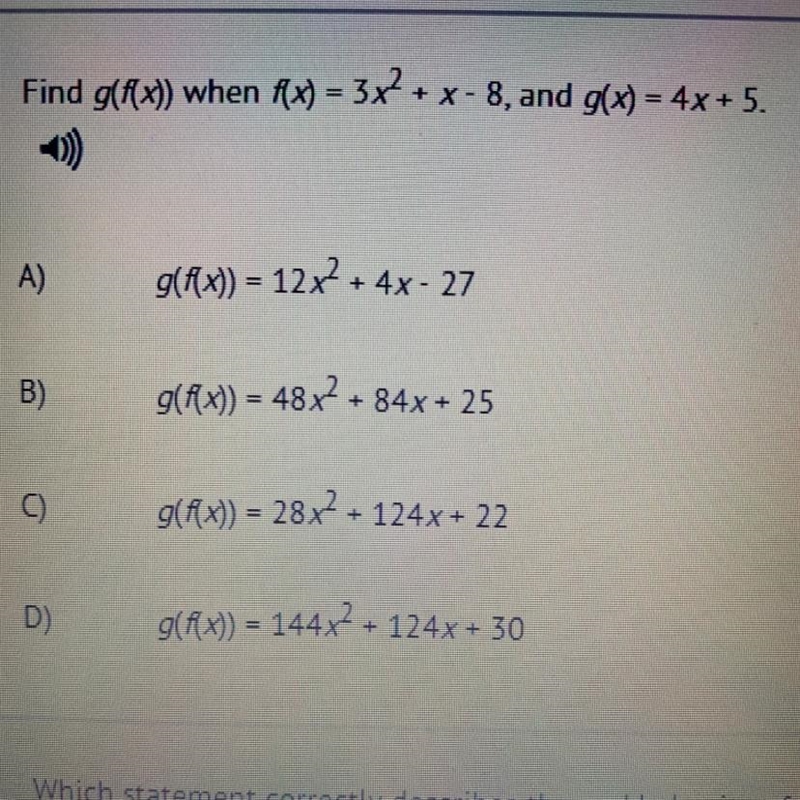 Find g(x)) when f(x) = 3x2 + x - 8, and g(x) = 4x + 5 I have no idea what she’s talking-example-1