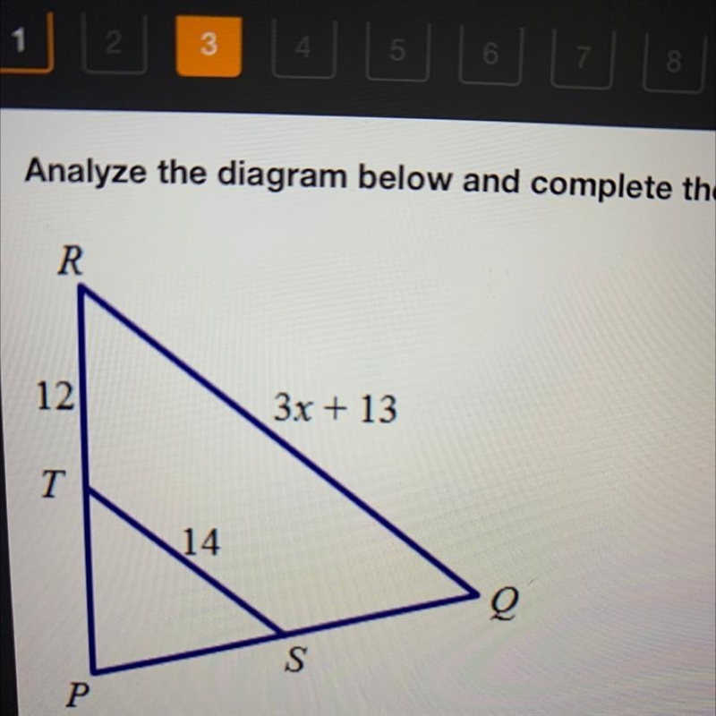 Given that TS is a midsegment of PQR, find x A. 5 B.9 C.10 D.13-example-1