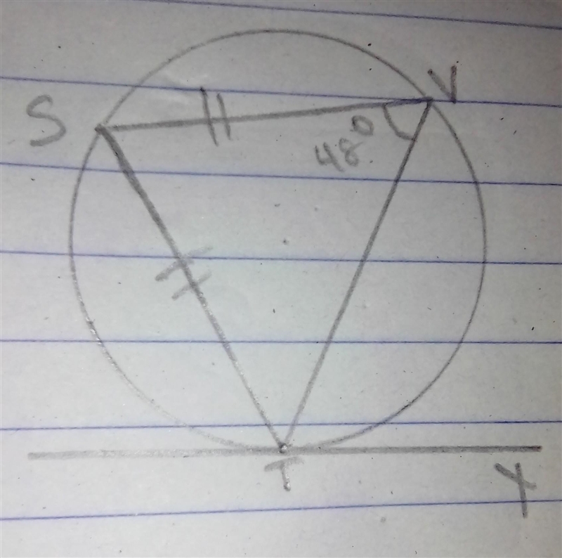 In the given diagram , TY is a tangent to the circle TVS . If <SVT = 48° and |VS-example-1