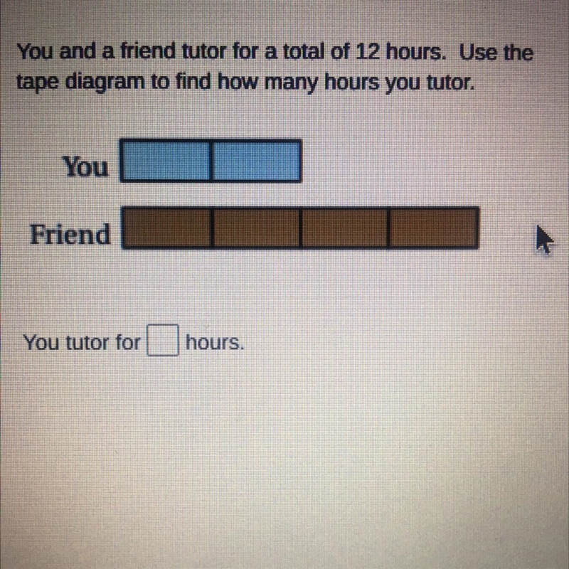 You and a friend tutor for a total of 12 hours. Use the tape diagram to find how many-example-1