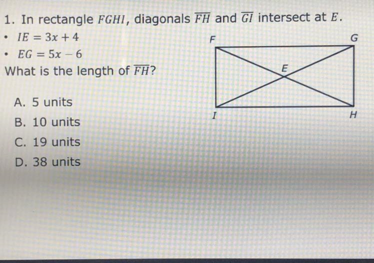 In a rectangle FGHI, diagonals FH and GI intersect at E What is the length of FH?-example-1