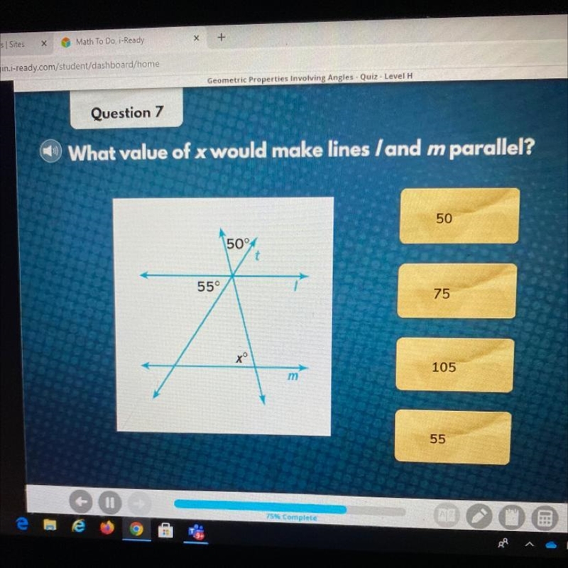 What value of x would make lines land m parallel? 50 150°: 55° 75 xº 105 m 55-example-1