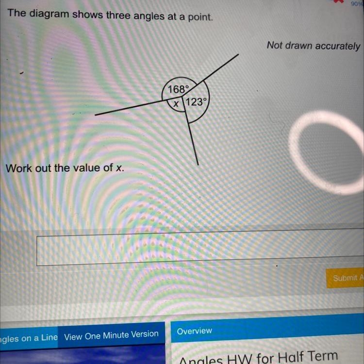 The diagram shows three angles at a point. Not drawn accurately 1689 * 1230 Work out-example-1