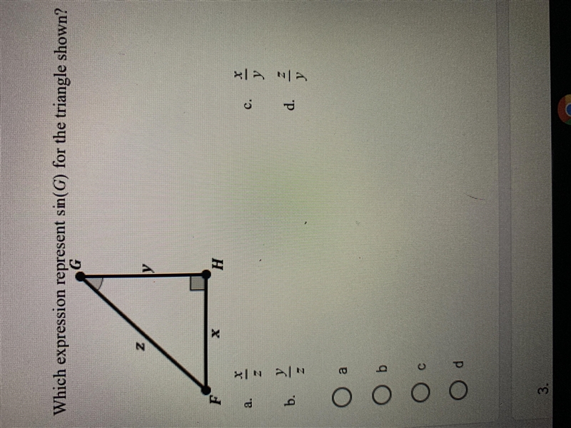 Which expression represents sin(g) for the triangle shown ?-example-1