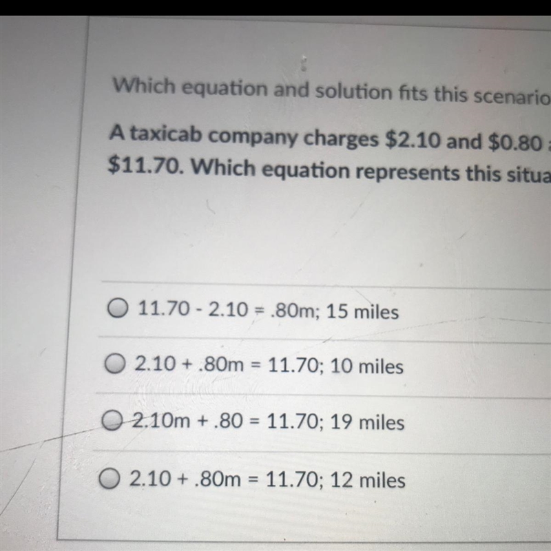 a taxicab company charges $2.10 and $0.80 a mile. Sheila took a cab and paid a fare-example-1