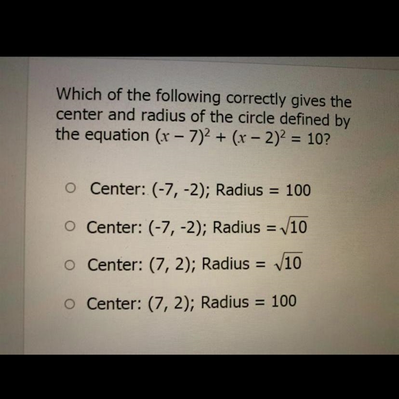 which of the following correctly gives the center and radius of the circle defined-example-1