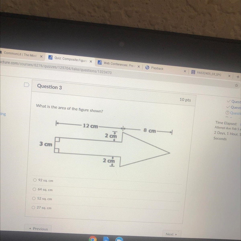 Please hurry and answer correctly. What is the area of the figure shown?-example-1