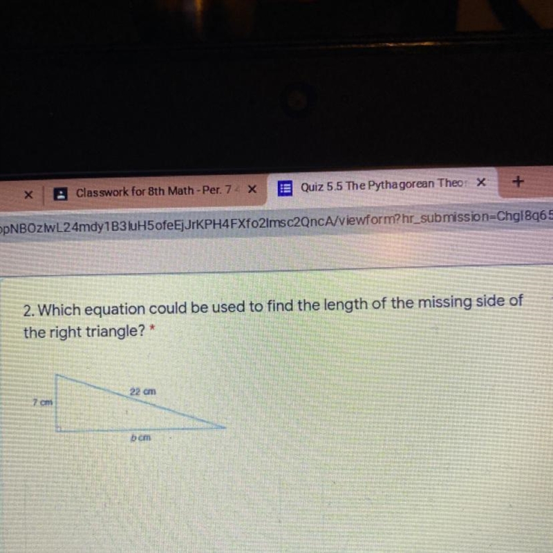 Which equation could be used to find the length of the missing side of the right triangle-example-1