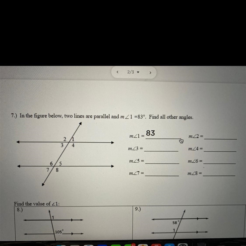 In the figure below,two lines are parallel and m < 1 =83°. Find all other angles-example-1