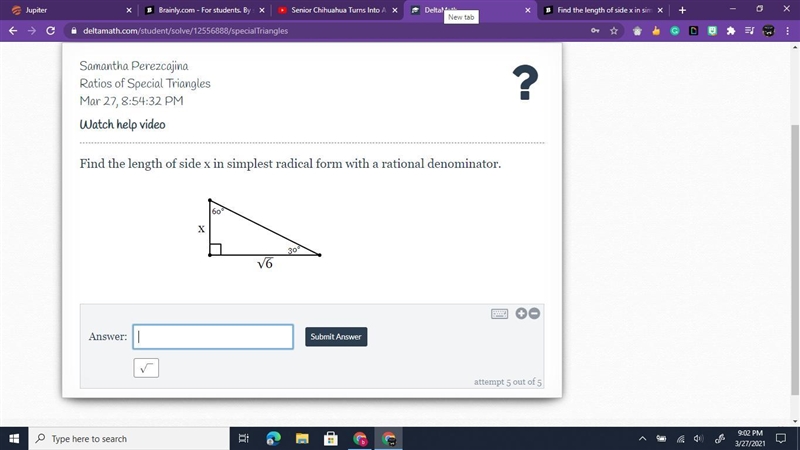 Find the length of side x in simplest radical form with a rational denominator.-example-1