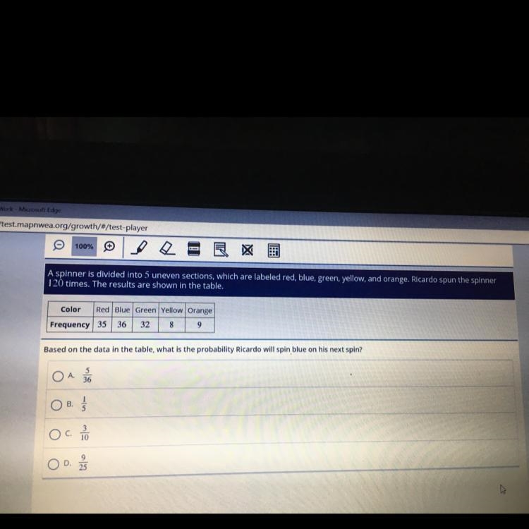 Based on the data in the table what is the probability ricardo will spin blue on his-example-1