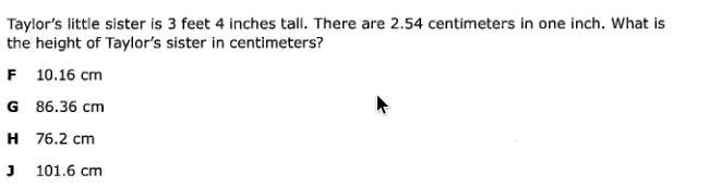 taylor's little sister is 3 feet and 4 inches tall. there are 2.54 centimetres in-example-1