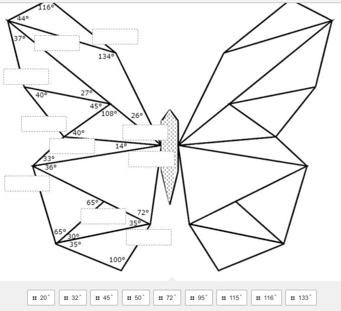 Calculate the missing angle measure of each triangle on the left butterfly wing. Write-example-1