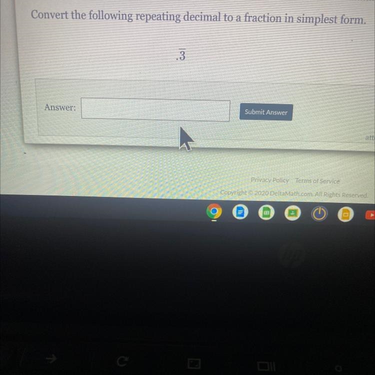 Convert the following repeating decimal to a fraction in simplest form. .3-example-1