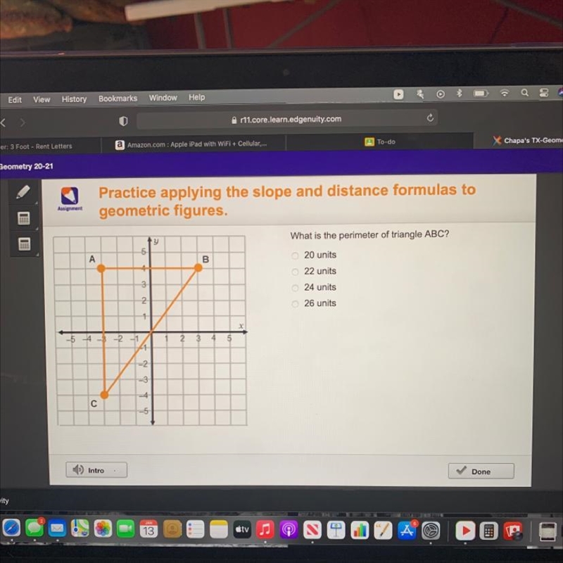 What is the perimeter of triangle ABC? 5 A B. 0 20 units 4 o 22 units 3 0 24 units-example-1