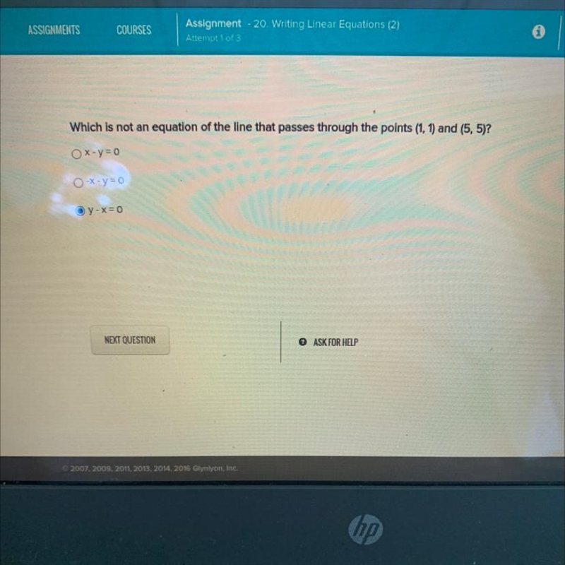 Which is not an equation of the line that passes through the points (1, 1) and (5,5)?-example-1