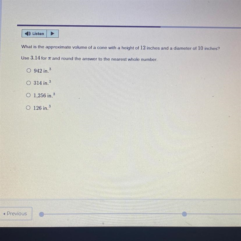 What is the approximate volume of a cone with a height of 12 inches and a diameter-example-1