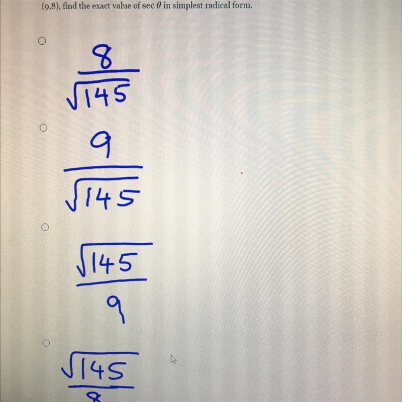 If 0 is an angle in standard position and its terminal side passes through the point-example-1