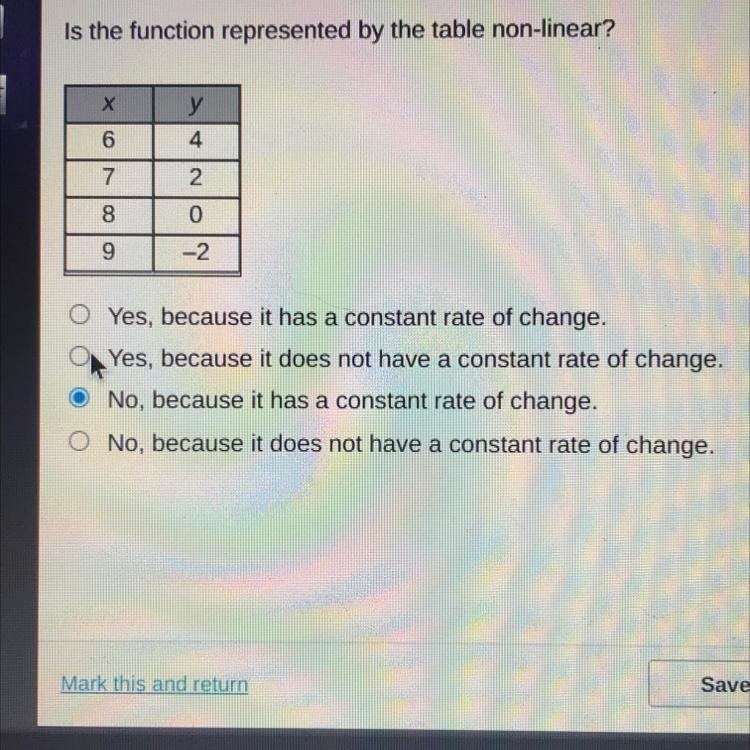 Is the function represented by the table non-linear? х у 6 4 7 2 8 0 9 -2-example-1