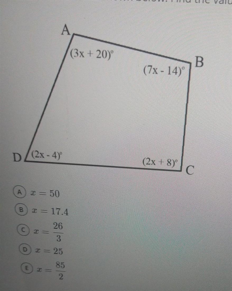 Quadrilateral ABCD is shown below. Find the value of x ​-example-1