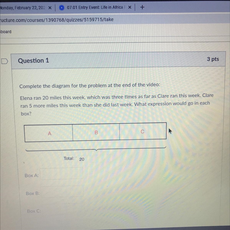 PLEASE HELP Complete the diagram for the problem at the end of the video: Elena ran-example-1