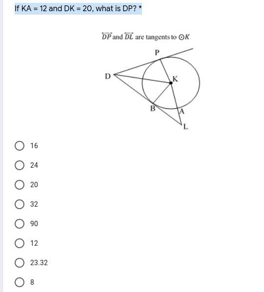 If KA = 12 and DK = 20, what is DP?-example-1