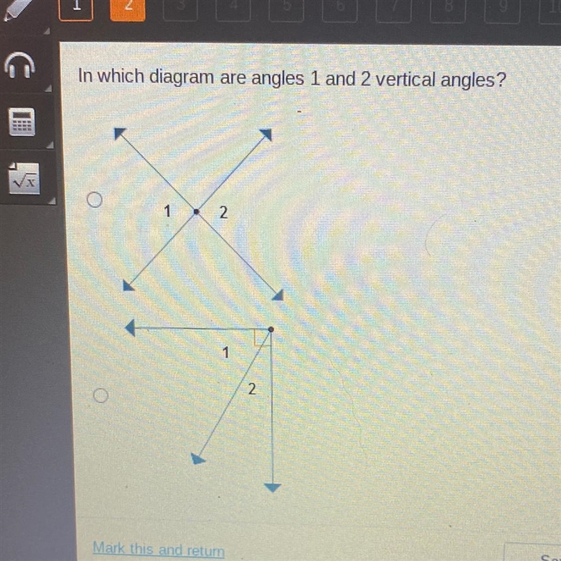 In which diagram are angles 1 and 2 vertical angles?-example-1