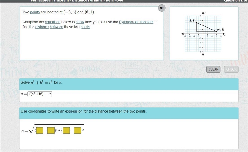 Two points are located at (−3,5) and (6,1). Complete the equations below to show how-example-1