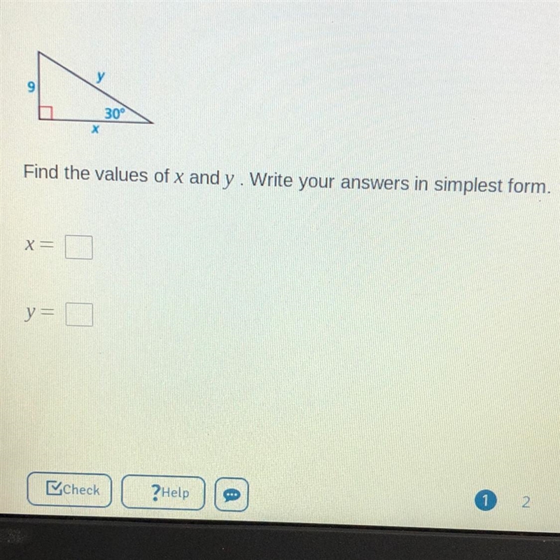 Find the values of x and y. Write your answers in simplest form.-example-1