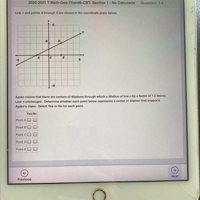 Line n and points A through E are shown in the coordinate plane below. 5 a D A с E-example-1