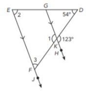 DEF is a triangle. GH and EF are straight lines. Find the measures of angles 1, 2, and-example-1