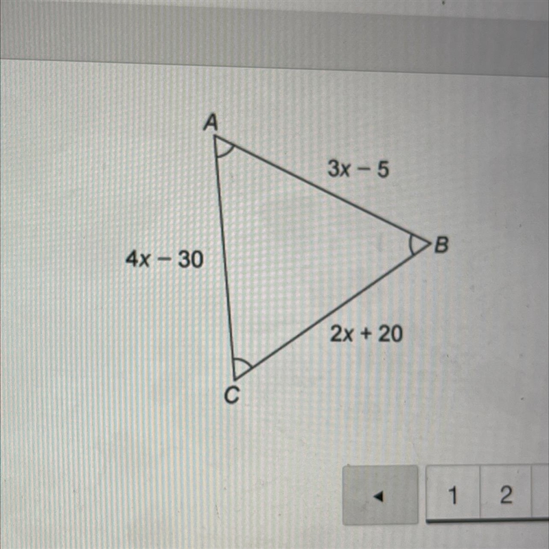 What is the value of x? A 3x - 5 Enter your answer in the box. 4x - 30 В B X= 2x + 20-example-1