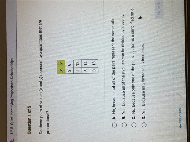 Do these pairs of values (x and y) represent two quantities that are proportional-example-1