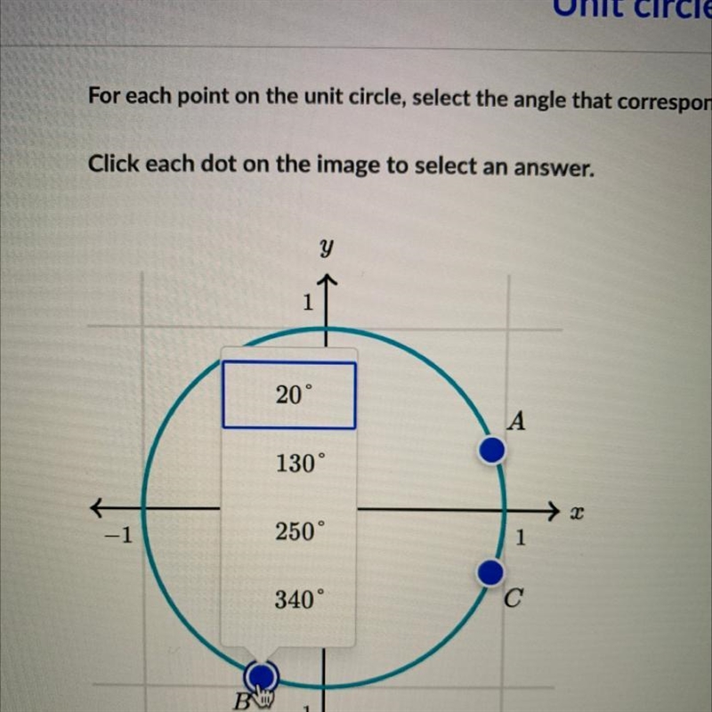 For each point on the unit circle, select the angle that corresponds to it. Click-example-1