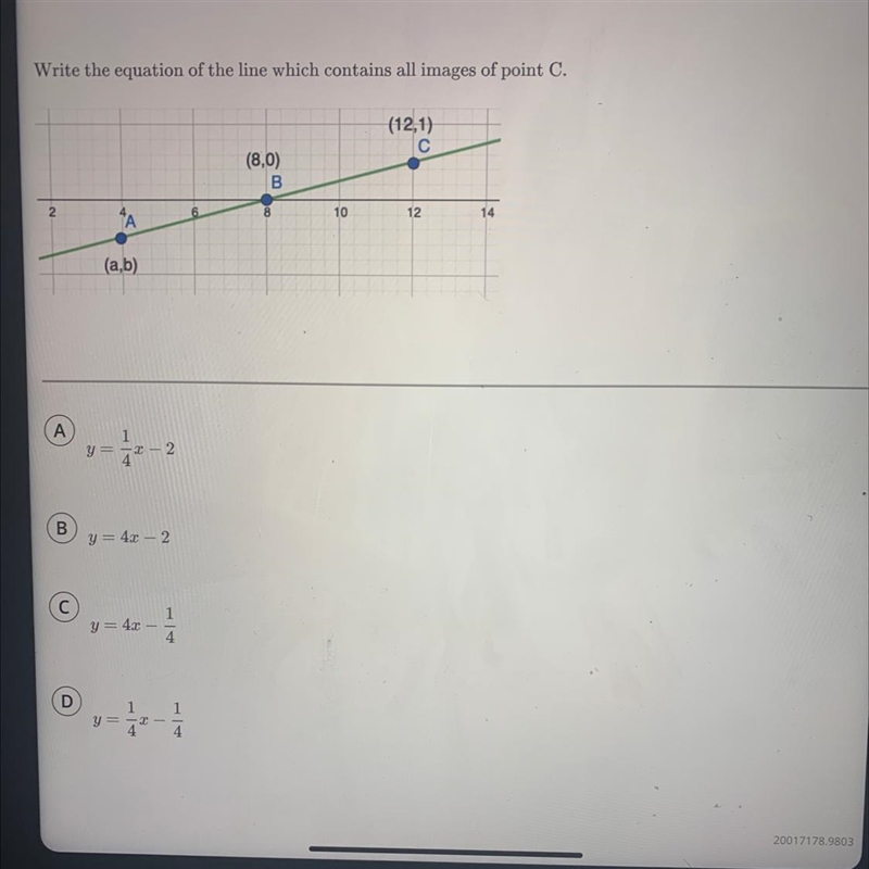 Write the equation of the line which contains all images of point C. (12,1) С (8,0) B-example-1