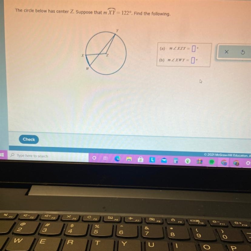 The circle below has center Z. Suppose that m XY = 122°. Find the following.-example-1