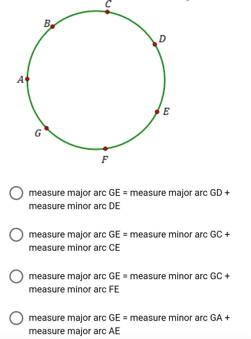 In the circle below, which of the following equations for major arc GE is FALSE?​-example-1