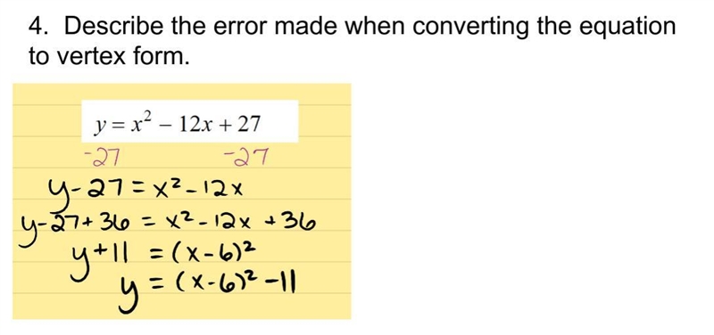 Describe the error made when converting the equation to vertex form.-example-1