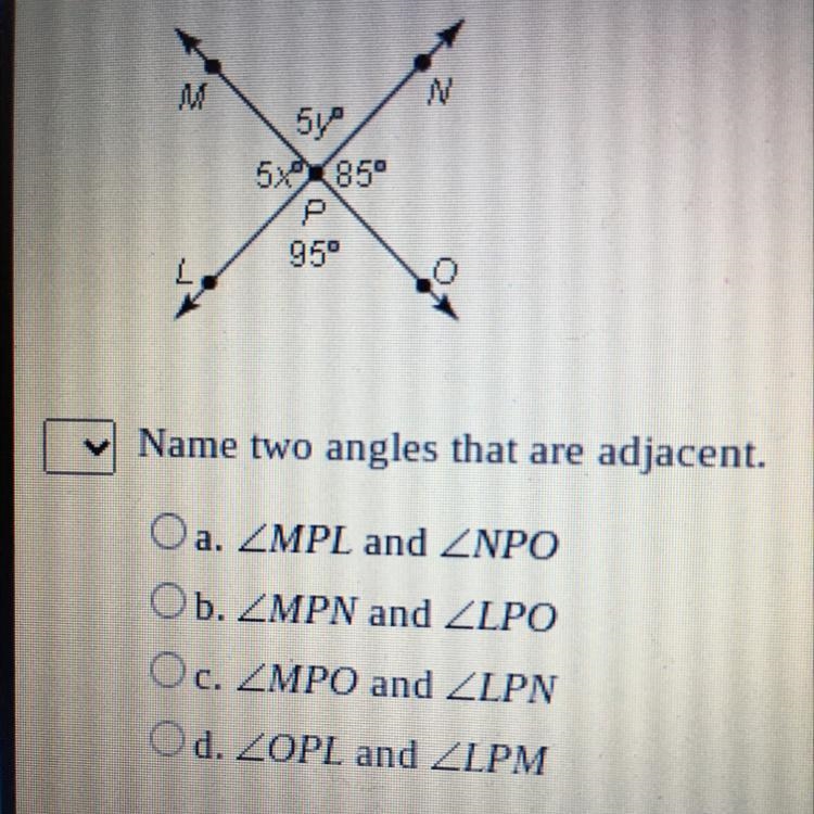 HELP PLS Use the figure below to answer the questions. Name two angles that are adjacent-example-1