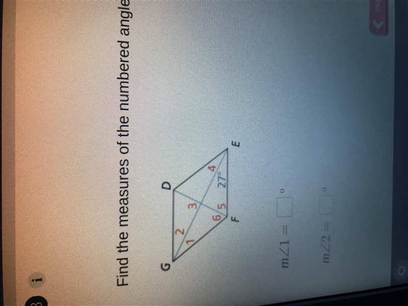 Find the measures of the numbered angles in rhombus defg. Anyone, please help I'm-example-1