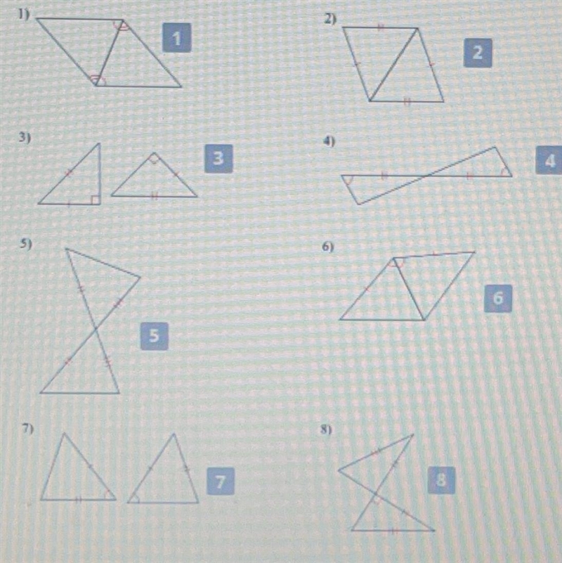 Please I just need them labeled by .. SSS,SAS,ASA,HL Triangle Congruence-example-1