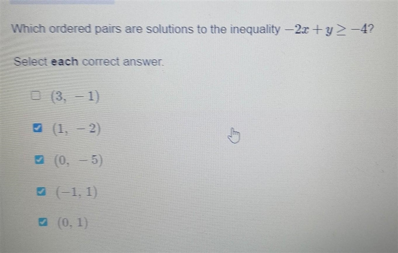 Help asap Which ordered pairs are solutions to the inequality – 2x +y> -4? Select-example-1