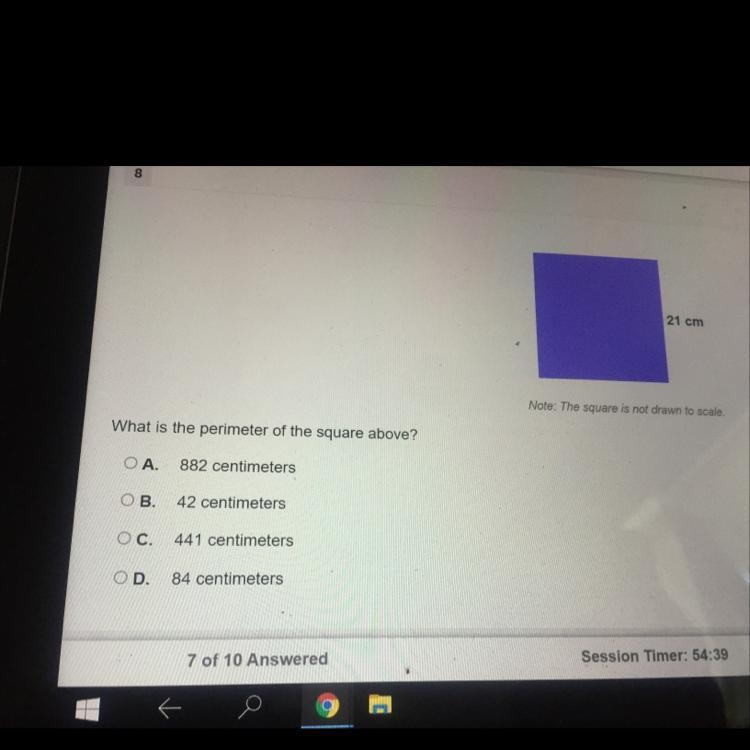 What is the perimeter square above A.882 square centimeters B.42 square centimeters-example-1