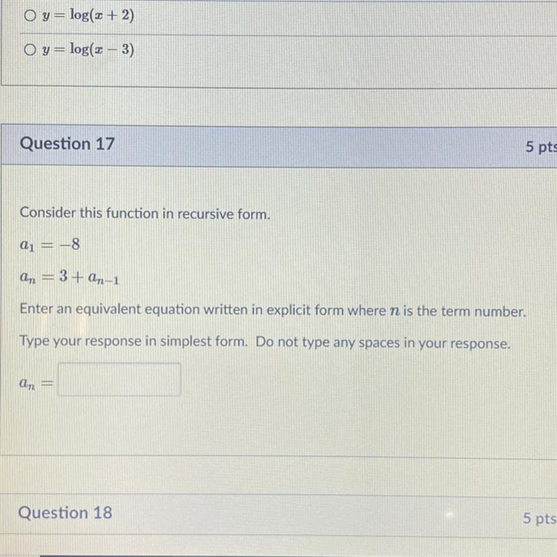 Consider this function in recursive form. A1 = -8 An = 3 + an-1 Enter an equivalent-example-1