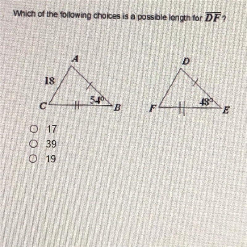 Which of the following choices is a possible length for DF? 17 39 19-example-1